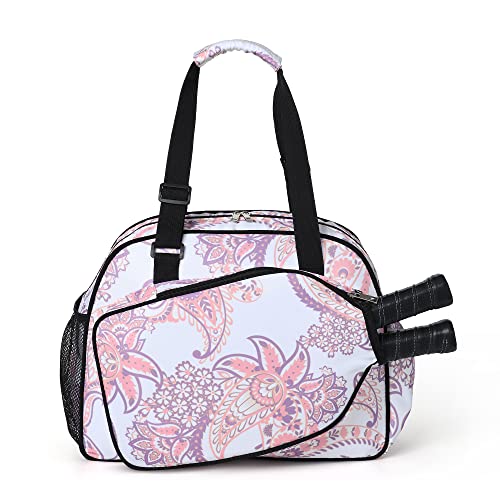 Boulder Bee Pickleball Bags, Premium Pickleball Tote Bag for Girls, Women’s Hand/Shoulder Gym Bag w Water Bottle Holder, with Pickleball Racquet/Paddle Holder - color: Pink cashew flower