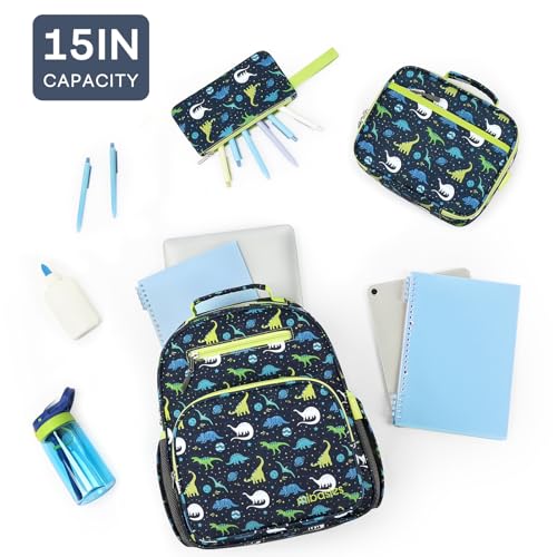 mibasies Boys Backpack with Lunch Box: 3PCS Kids Backpack Set for Kindergarten Elementary - 15 IN Cute Bookbag - Galaxy Dinosaur - color: Galaxy Dinosaur