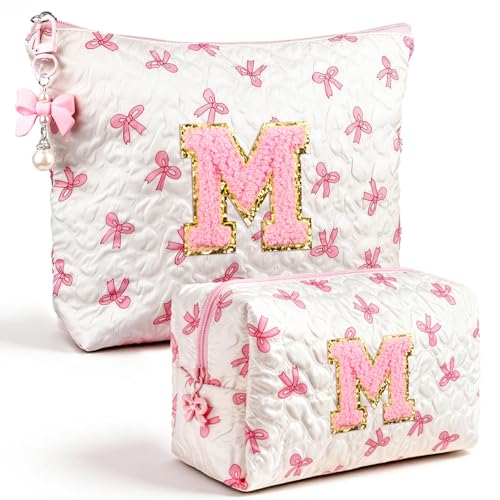 Initial Makeup Bag, Valentines Day Gifts for Women Teens Girls Birthday Gift Personalized Bow Cosmetic Bag, Quilted Cosmetic Travel Toiletry Pouch, Cute Makeup Organizer Teen Girl Gifts Trendy Stuff M - color: M