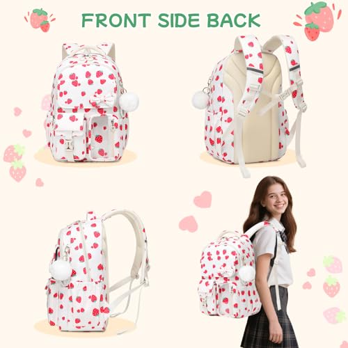 Girls Backpack, School Backpack for Girls, Cute Bow Kids Bookbag for Grils Children Teens for Elementary Middle High School Student, Back To School, White Strawberry - color: White Strawberry