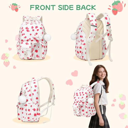 Girls Backpack, School Backpack for Girls, Cute Bow Kids Bookbag for Grils Children Teens for Elementary Middle High School Student, Back To School, White Strawberry 3pcs - color: White Strawberry-3pcs