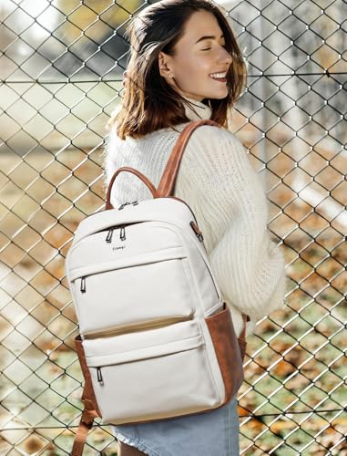 Vegan Leather Backpack for Women and Men, Fits 16.0 Inch Laptop, Multi-Pocket Design with Water Bottle and Luggage Strap, Ideal for Work, Travel, and Daily Use, Beige - color: 3-1 Beige