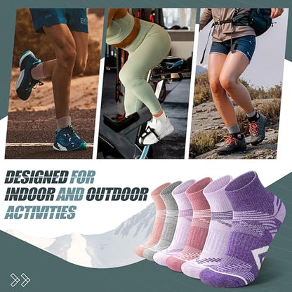 ANTSANG 6 Pairs Merino Wool Quarter Ankle Hiking Running Socks Compression Thermal Thick Cushion Socks for Women Men - color: Pink-purple Series, size: Large