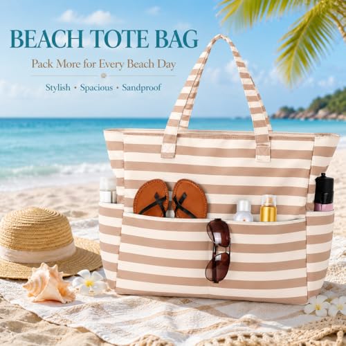 LEDAOU Beach Bag Waterproof Sandproof Women Beach Tote Pool Bag with Zipper for Swim Gym Grocery Travel with Wet Pocket | Sandproof - color: Brown White Stripes