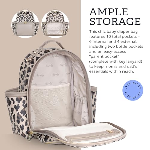 Itzy Ritzy Mini Diaper Bag Backpack – Chic, Compact Mini Plus Backpack with Changing Pad, 10 Pockets (6 Internal, 4 External), Grab-Top Handle & Rubber Feet (Leopard) - color: Leopard