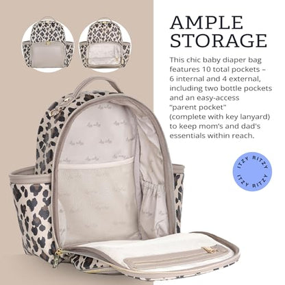 Itzy Ritzy Mini Diaper Bag Backpack – Chic, Compact Mini Plus Backpack with Changing Pad, 10 Pockets (6 Internal, 4 External), Grab-Top Handle & Rubber Feet (Leopard) - color: Leopard