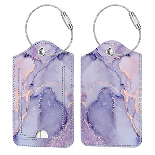 Fintie Luggage Tags, Privacy Cover ID Label with Stainless Steel Loop and Address Card for Travel Bag Suitcase - Lilac Marble (2 Piece) - color: Lilac Marble