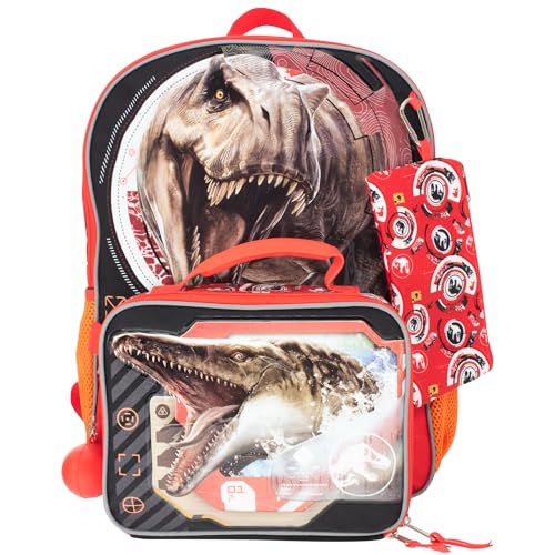 AI ACCESSORY INNOVATIONS Jurassic World 5 PC Backpack Set, Girls & Boys Big Face School Bag 16” with Front Zip Pocket - color: Jurassic