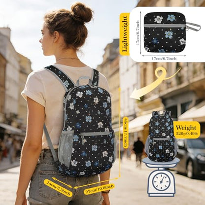 ZOMAKE Ultra Lightweight Hiking Backpack 20L, Packable Small Backpacks Water Resistant Daypack for Women Men(Black,White Polka Dot Floral) - color: Black,white Polka Dot Floral