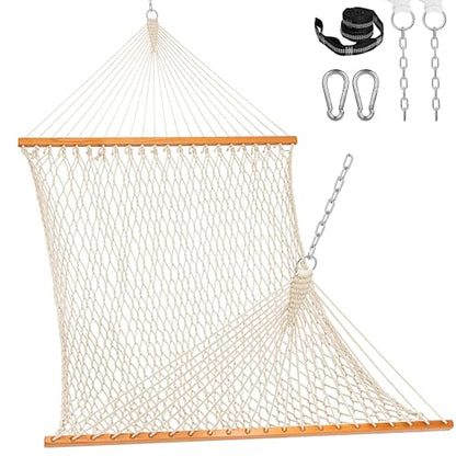 Lazy Daze Hammocks Double Rope Hammock, 2 Person Traditional Outdoor Hand Woven Cotton Rope Hammock with Spreader Bar, Carabiners, Tree Straps, Chains for Patio Yard - Max 450 Lbs, Natural - color: Natural