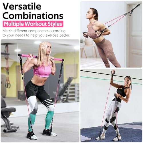 Pilates Bar Kit with Resistance Bands, Multifunctional Pilates Bar for Women & Men with Heavy-Duty Metal Adjustment Buckle, Pilates Home Equipment for Full BodyWorkouts - color: Pink