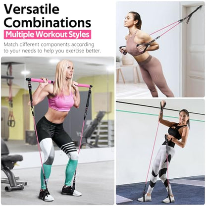 Pilates Bar Kit with Resistance Bands, Multifunctional Pilates Bar for Women & Men with Heavy-Duty Metal Adjustment Buckle, Pilates Home Equipment for Full BodyWorkouts - color: Pink