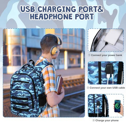 ACESAK Camo Backpack for Boys, Tactical Kids Backpack Boys, School Bags for Boy Children Teens Kids Elementary Middle High School, Military Bookbag and Lunch Bag Pencil Case Set with USB Charging Port - color: Camo Blue
