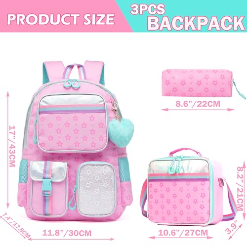 Meetbelify Pink School Backpack with Lunch Box & Pencil Case for Elementary to Teen Girls, Cute Aesthetic Kids Bookbag 8-10 - color: Star Pink 3pcs