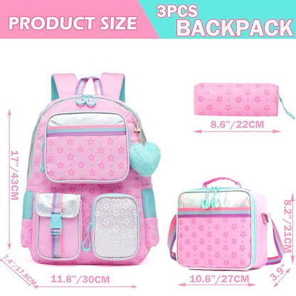 Meetbelify Pink School Backpack with Lunch Box & Pencil Case for Elementary to Teen Girls, Cute Aesthetic Kids Bookbag 8-10 - color: Star Pink 3pcs