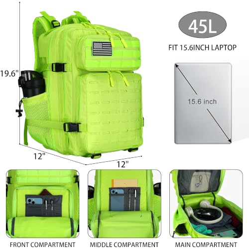 Military Tactical Backpack 45L/25L 3 Day Assault Pack Molle Daypack Hiking Backpack for Men and Women - color: Neon Green, size: 45L