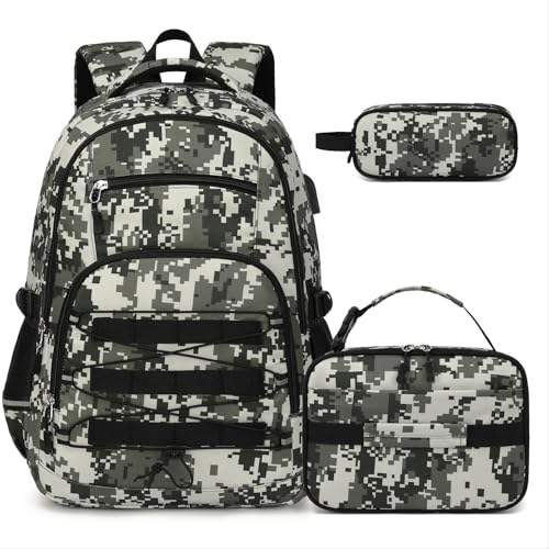 ACESAK Camo Backpack for Boys, Tactical Kids Backpack Boys, School Bags for Boy Children Teens Kids Elementary Middle High School, Military Bookbag and Lunch Bag Pencil Case Set with USB Charging Port - color: Camo Green
