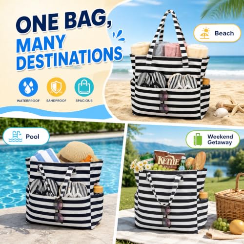 LEDAOU Beach Bag Waterproof Sandproof Women Beach Tote Pool Bag with Zipper for Swim Gym Grocery Travel with Wet Pocket | Sandproof - color: Black White Stripe