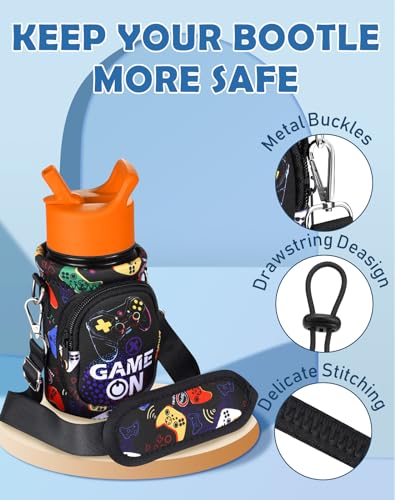 Miss Adola Water Bottle Carrier with Strap - Insulated Kids Water Bottle Holder for Boys Girls Bottle Bag for 10-18Oz - color: Black Game On