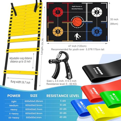 Basketball Training Equipment, Dribble Trainer, Footwork Training, Training Aids with Basketball Training Mat,Agility Ladder,Hand Grip Strengthener,Resistance Bands