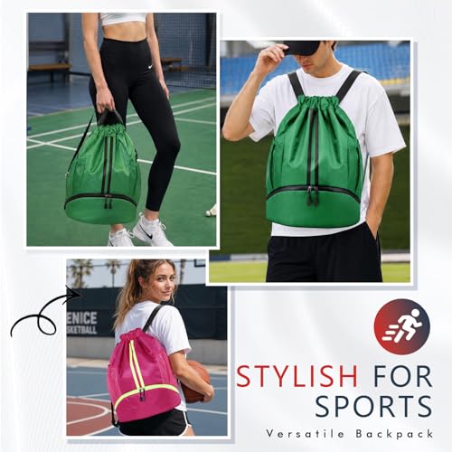 PinCute Drawstring Backpack for Women Men, Gym Bag for Soccer, Basketball, Swim, Beach, Water-Resistant Sports Backpack with Wet Pocket and Shoe Compartment, Dark Green - color: Dark Green