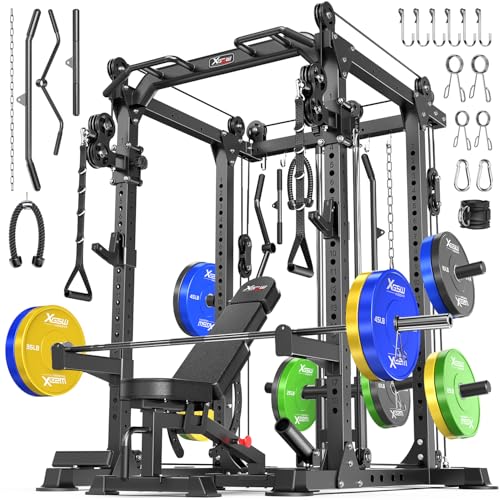 Power Rack Power Cage Multi-Function Squat Rack with Cable Crossover System Selectable More Training Attachment Power Rack for Garage & Home Gym - color: Black, size: F set L02+Weight Bench+（pole+Color BP）258LBS