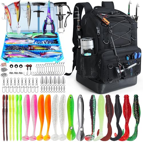 Fishing Backpack with Tackle Boxes and Rod Holder, Cooler, 30L Large Tackle Bag with Fishing Gear Lures Kit, Waterproof Bottom tackle Backpack Fish Set Gifts for Men Women-Black Back Pack - color: Black BackPack