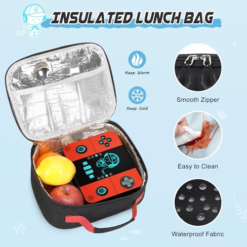 Bevalsa Backpack for Boys with 43OZ Bento Lunch Box,Insulated Lunch Bag & Pencial Case,Cool Luminous Gamer Schoolbag for Kids Teens Elementary Middle School,Bookbag Glow In The Dark - color: Red, style: Backpack With 43oz Bento Box