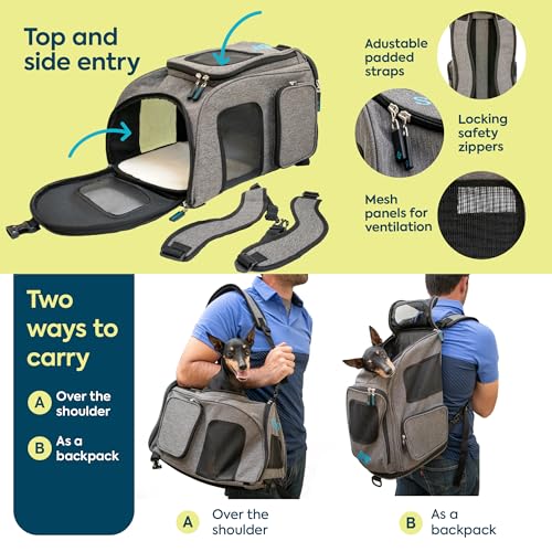 Sherpa 2-in-1 Backpack Travel Pet Carrier, Airline Approved & Guaranteed On Board - Gray, Medium - size: 17.0"L x 10.5"W x 11.0"H, style: Duffel Pet Backpack