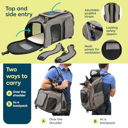 Sherpa 2-in-1 Backpack Travel Pet Carrier, Airline Approved & Guaranteed On Board - Gray, Medium - size: 17.0"L x 10.5"W x 11.0"H, style: Duffel Pet Backpack