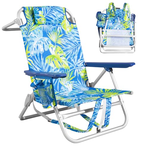PRETZI Backpack Beach Chairs for Adults - Folding Heavy Duty Camping Chair with Storage Pouch, Cup Holder & Towel Rack, Lightweight & Adjustable Chair for Outdoor,Travel (1pc / Tropical Foliage) - color: Tropical Foliage, size: 1 pack