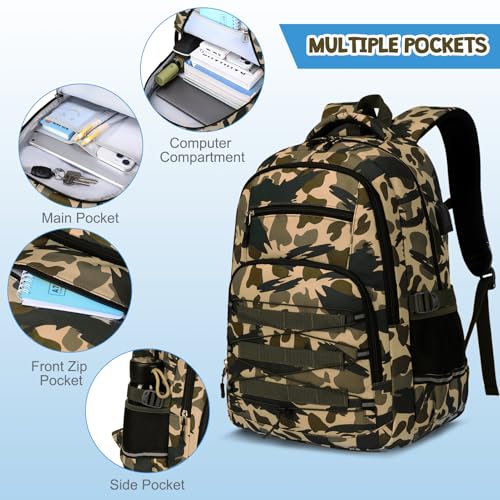ACESAK Camo Backpack for Boys, Tactical Kids Backpack Boys, School Bags for Boy Children Teens Kids Elementary Middle High School, Military Bookbag and Lunch Bag Pencil Case Set with USB Charging Port - color: Green Brown