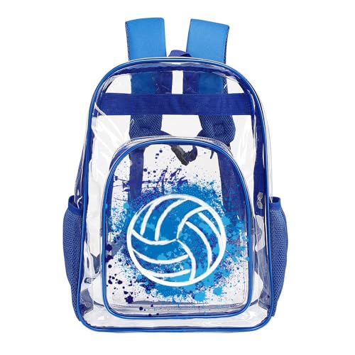 Volleyball Clear Backpack Heavy Duty for Girls Kids Boys Women | Large Cool PVC Volleyball Theme Printing Transparent Backpacks for Schools Stadium Concerts Work - Clear/Blue - color: Volleyball Clear Backpack 2 Blue With Front Pocket