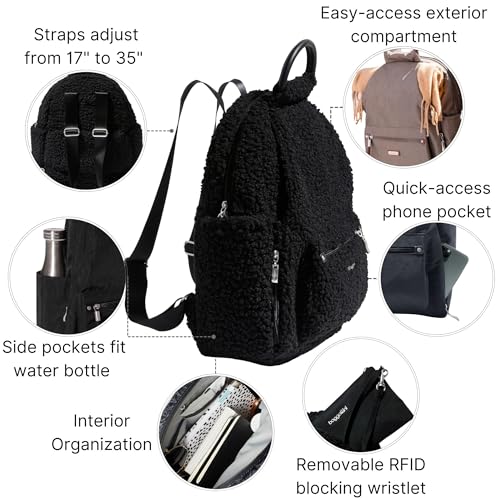 Baggallini Womens All Day Backpack With RFID Phone Wristlet, Black Faux Shearling - color: Black Faux Shearling