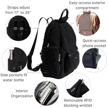 Baggallini Womens All Day Backpack With RFID Phone Wristlet, Black Faux Shearling - color: Black Faux Shearling