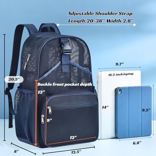 Metaverse Mesh Sports Backpack 20 Inch with Racket Holder for Men Women, Large Travel Gym Beach Backpack with Water Bottle Pockets - color: Navy