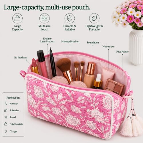 Huar Travel Makeup Bag - Large Capacity Cosmetic Bags for Women - color: White & Pink Floral