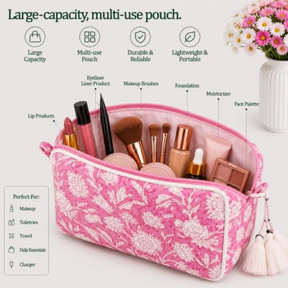 Huar Travel Makeup Bag - Large Capacity Cosmetic Bags for Women - color: White & Pink Floral
