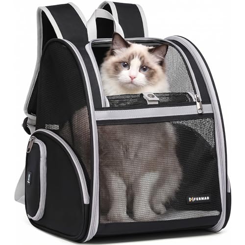 Cat Backpack Carrier for Small Dogs and Medium cat Puppy Kitten Bunny Pet Carrier Backpack Collapsible with Fully Ventilated Mesh with Safety Leash (Black, 12.9" L x 10.62" W x 15.5" H - M) - color: Black, size: Medium