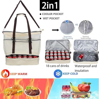 Mesh Beach Bag with Cooler Large Travel Family Vacation Essentials Pool Swimming Zipper Pocket Durable 9 Pockets - color: Beige
