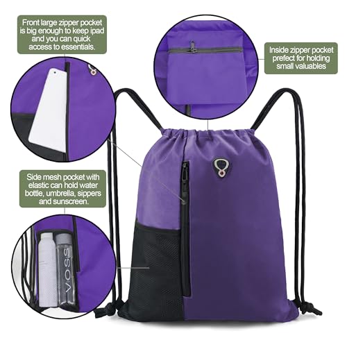 BeeGreen Dark Purple Drawstring Backpack Gym Bag For Men & Women – Sports Sackpack with Mesh Water Bottle Holder & 2 Zippered Pockets – Large 16x20 Inch Cinch String Backpack - color: Dark Purple, style: Drawstring With Mesh Pocket
