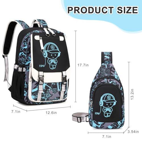 Bevalsa Backpack for Boys, Cool Luminous Boys Backpack with Sling Bag, Lunch Box & Pen Case, School Bags for Kids Children Teens Elementary Middle Schools, Bookbag Glow In The Dark (Green) - color: Green
