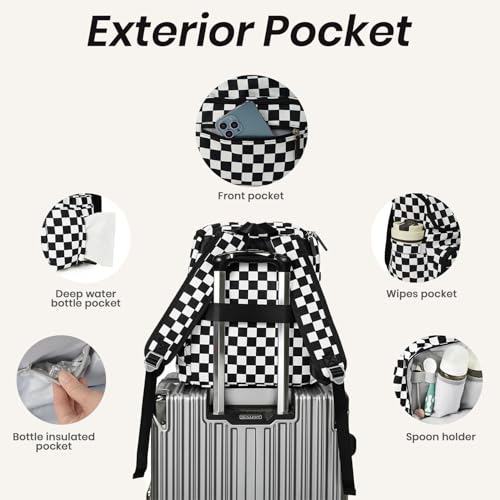 FHELAD Checkered Diaper Bag Backpack with Changing Pad & Stroller Clips, Large Travel Baby Diaper Bag for Newborn Moms, Baby Shower Gifts (Obsidian Black) - color: Obsidian Black