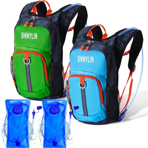 Shinylin 2 Pcs Kids Hydration Backpack with 1.5L Water Bladder Lightweight Kids Hiking Backpack Water Rucksack for Boys Girls Climbing Running - color: Blue, Green, style: Classic