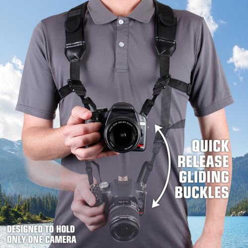 USA Gear DSLR Camera Strap Chest Harness with Quick Release Buckles, Black Neoprene Pattern and Accessory Pockets - Compatible with Canon, Nikon, Sony and More Point and Shoot and Mirrorless Cameras - color: Black