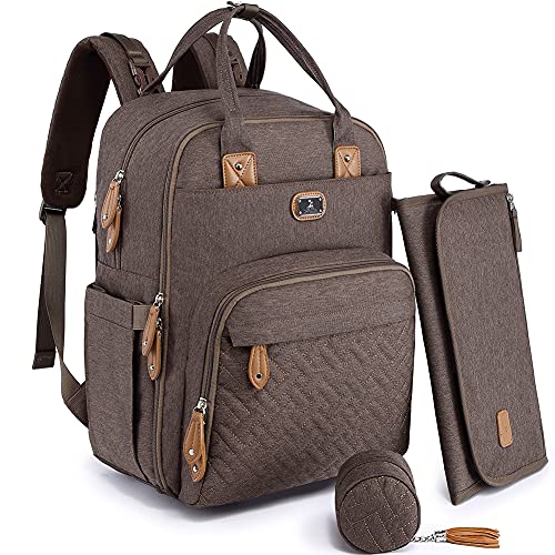 Dikaslon Diaper Bag Backpack with Portable Changing Pad, Pacifier Case and Stroller Straps, Large Unisex Baby Bags for Boys Girls, Multipurpose Travel Back Pack Moms Dads, Brown - color: Brown