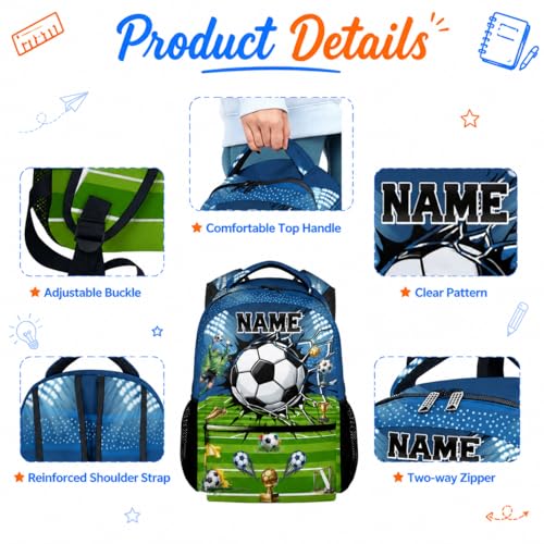 Personalized Kids Backpack for Boys Soccer School Bag Set - 17 Inch Custom Elementary Middle School Sports Themed Bookbag with Lunch Box and Pencil Case - color: Green