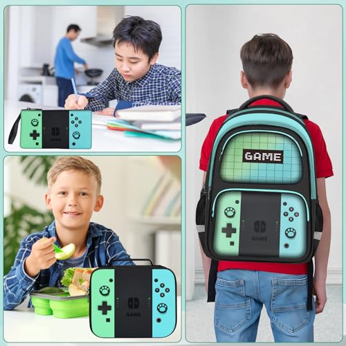 Kids Backpack For Boys，Gamer Boys Backpack For Children Teens Elementary Middle School, 17″ Students Bookbag - color: Backpack Set-sw-green & Blue