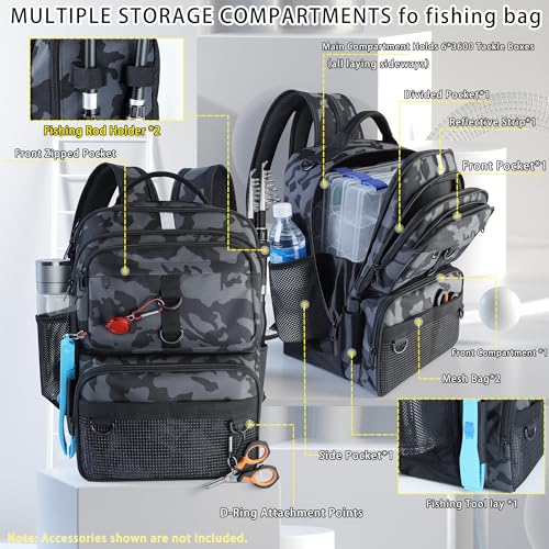 Fishing Backpack with Tackle Boxes and Rod Holder, 24L Fishing Sling Bag with Fishing Lures Kit, Fishing Gear Bag Gifts for Men Women - Camo Black Backpack - color: Camo Black