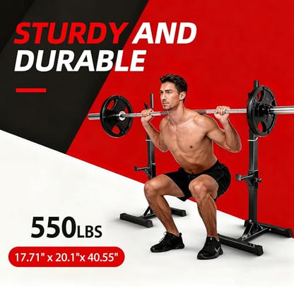 JupiterForce Adjustable Squat Rack Stands Pair of Sturdy Steel Bench Press Rack, Barbell Rack, 40''-66'' 550lbs Max Load Portable Weight Lifting Dumbbell Racks Stands for Home Gym, Black